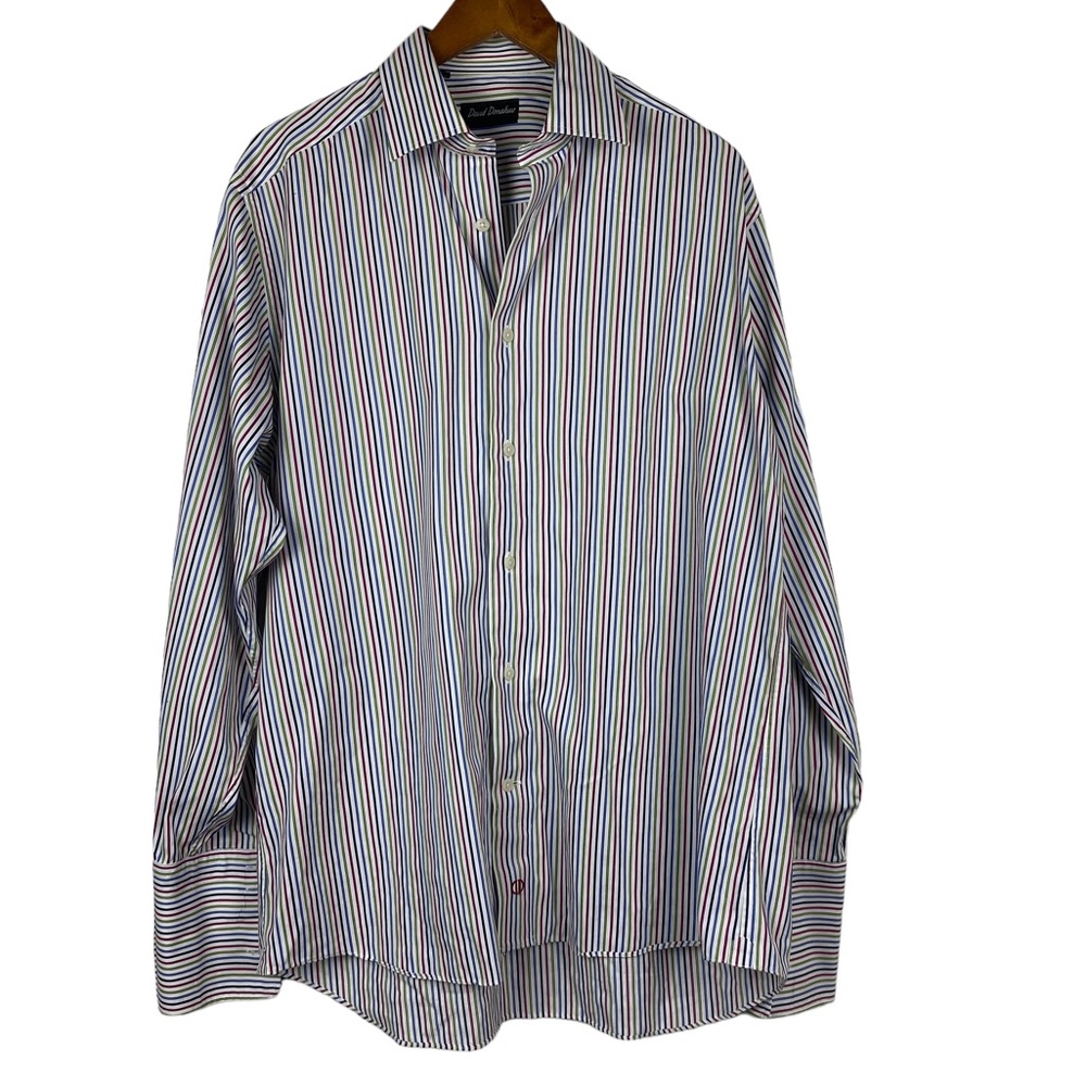 David Donahue Men's Formal Double Cuff Dress Shirt Striped Multicolor